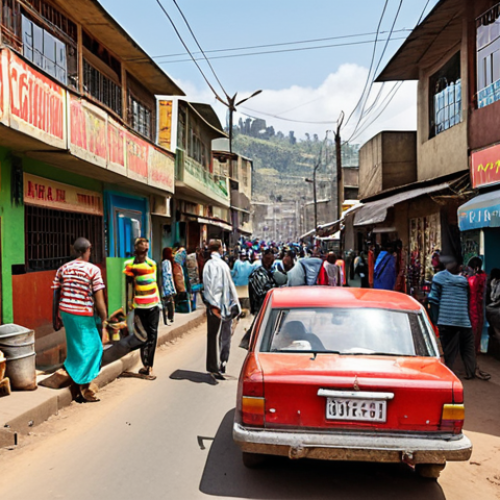 Home 15 **Bole District, Addis Ababa:** A bustling street scene in the Bole district of Addis Ababa, Ethiopia. Capture the modern atmosphere mixed with traditional elements. Include restaurants, bars, shops, and local people going about their daily lives. Focus on bright colors and a vibrant, energetic mood.