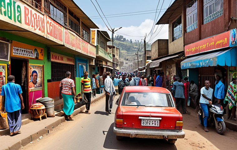 **Bole District, Addis Ababa:** A bustling street scene in the Bole district of Addis Ababa, Ethiopia. Capture the modern atmosphere mixed with traditional elements. Include restaurants, bars, shops, and local people going about their daily lives. Focus on bright colors and a vibrant, energetic mood.