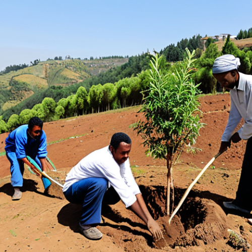 Home 14 A diverse group of Ethiopian community members, including adults and young students, engaged in a tree-planting initiative. They are working together, digging small holes and carefully placing young saplings into the soil. Subjects are fully clothed in modest, appropriate attire suitable for outdoor physical work in a warm climate. The scene is set on a reforested hillside, with a visible contrast between patches of dry, reddish earth and newly planted green trees, suggesting ongoing transformation. In the background, simple village structures blend into the landscape under a clear sky. The image conveys a sense of unity, dedication, and hope. Perfect anatomy, correct proportions, natural pose, well-formed hands, proper finger count, natural body proportions. Safe for work, appropriate content, fully clothed, family-friendly.