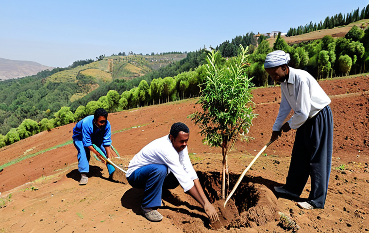 A diverse group of Ethiopian community members, including adults and young students, engaged in a tree-planting initiative. They are working together, digging small holes and carefully placing young saplings into the soil. Subjects are fully clothed in modest, appropriate attire suitable for outdoor physical work in a warm climate. The scene is set on a reforested hillside, with a visible contrast between patches of dry, reddish earth and newly planted green trees, suggesting ongoing transformation. In the background, simple village structures blend into the landscape under a clear sky. The image conveys a sense of unity, dedication, and hope. Perfect anatomy, correct proportions, natural pose, well-formed hands, proper finger count, natural body proportions. Safe for work, appropriate content, fully clothed, family-friendly.