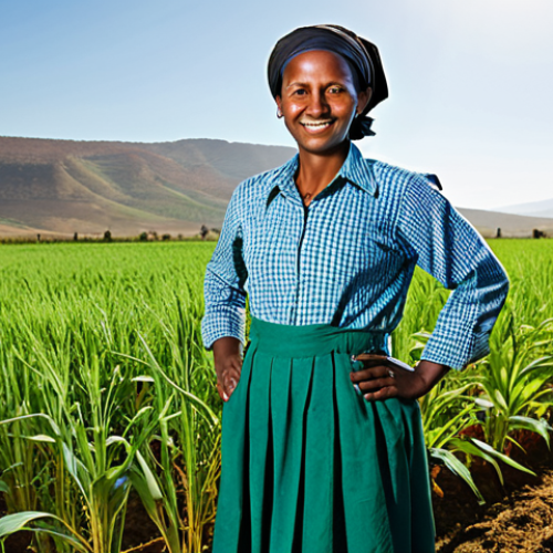 Home 7 A confident Ethiopian woman farmer, fully clothed in modest, practical work attire, standing proudly in a vibrant, flourishing field of healthy grain. Drip irrigation lines are subtly visible, nourishing the crops. The scene is bathed in warm, natural sunlight under a clear blue sky, conveying prosperity and agricultural success. Professional photography, high resolution, sharp focus, vibrant colors, realistic textures. safe for work, appropriate content, fully clothed, professional, perfect anatomy, correct proportions, natural pose, well-formed hands, proper finger count, natural body proportions.