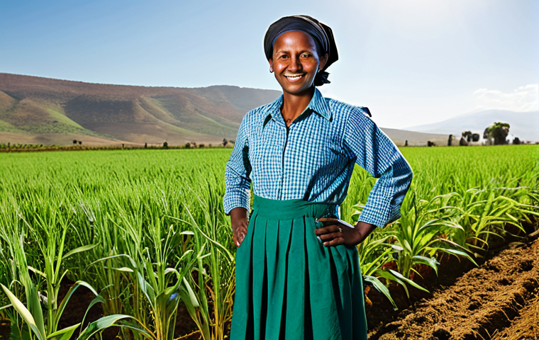 A confident Ethiopian woman farmer, fully clothed in modest, practical work attire, standing proudly in a vibrant, flourishing field of healthy grain. Drip irrigation lines are subtly visible, nourishing the crops. The scene is bathed in warm, natural sunlight under a clear blue sky, conveying prosperity and agricultural success. Professional photography, high resolution, sharp focus, vibrant colors, realistic textures. safe for work, appropriate content, fully clothed, professional, perfect anatomy, correct proportions, natural pose, well-formed hands, proper finger count, natural body proportions.