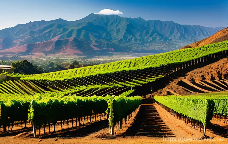 에티오피아 와인 산업 성장 배경 - A breathtaking panoramic view of a modern vineyard nestled within the high-altitude Rift Valley of E...