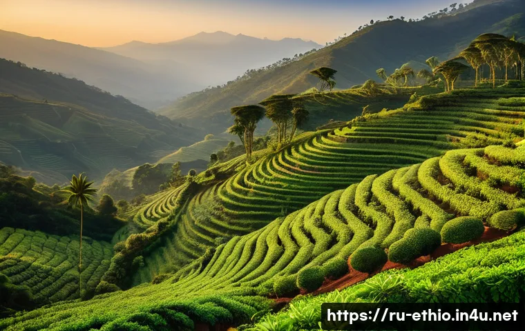 에티오피아 커피 농장 체험 - A detailed scene of Ethiopian highland coffee plantations at sunrise, showcasing mountainous terrain...