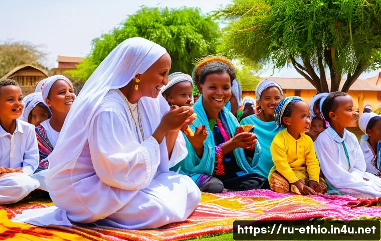 에티오피아의 국민 정서와 사고방식 - A vibrant Ethiopian family gathering during the Timkat festival, showcasing multiple generations fro...