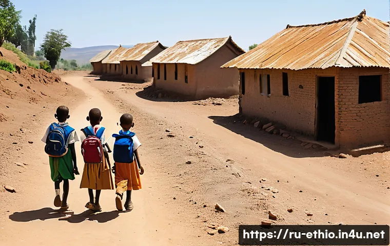 에티오피아의 어린이 교육 문제 - A rural Ethiopian village school scene showing a group of children walking several kilometers on a d...