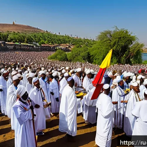 Home 30 에티오피아의 13개월 달력 이야기 - A vibrant Ethiopian festival scene during the Timkat celebration by the river, showcasing thousands ...