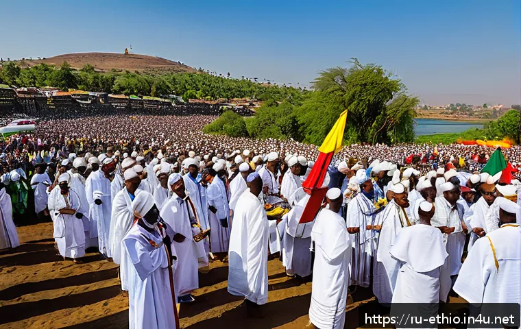 에티오피아의 13개월 달력 이야기 - A vibrant Ethiopian festival scene during the Timkat celebration by the river, showcasing thousands ...