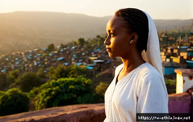 에티오피아를 배경으로 한 영화 - Photorealistic cinematic film still set in Ethiopia, a young Ethiopian woman in a modest traditional...