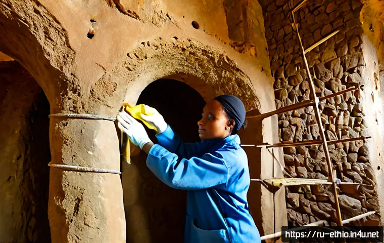에티오피아 문화재 복원 프로젝트 - Photorealistic Ethiopian cultural heritage restoration project inside a historic rock-hewn church, E...