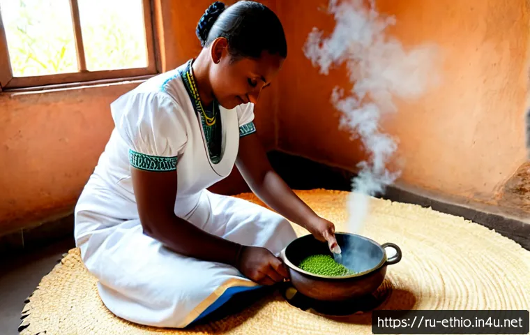 Home 17 에티오피아 전통 커피 문화 - Photorealistic Ethiopian traditional coffee ceremony in a warm family home, an Ethiopian woman in mo...